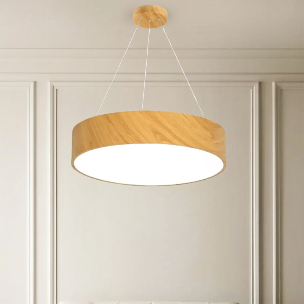 Lustre moderne circulaire en bois avec LED et hauteur réglable