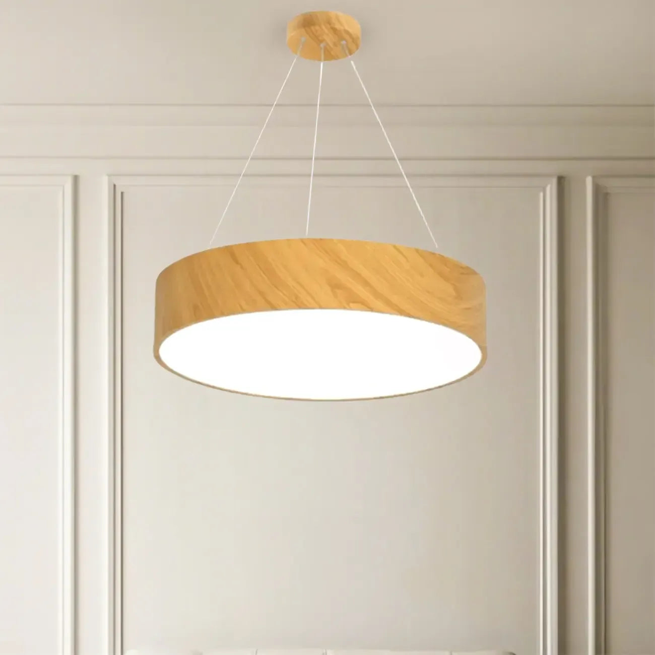 Lustre moderne circulaire en bois avec LED et hauteur réglable