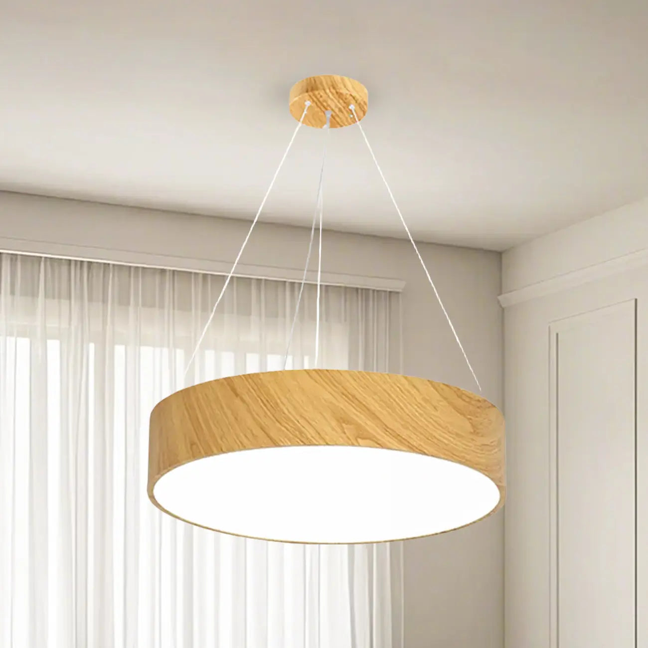 Lustre moderne circulaire en bois avec LED et hauteur réglable