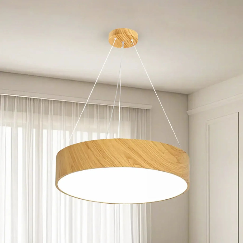 Lustre moderne circulaire en bois avec LED et hauteur réglable