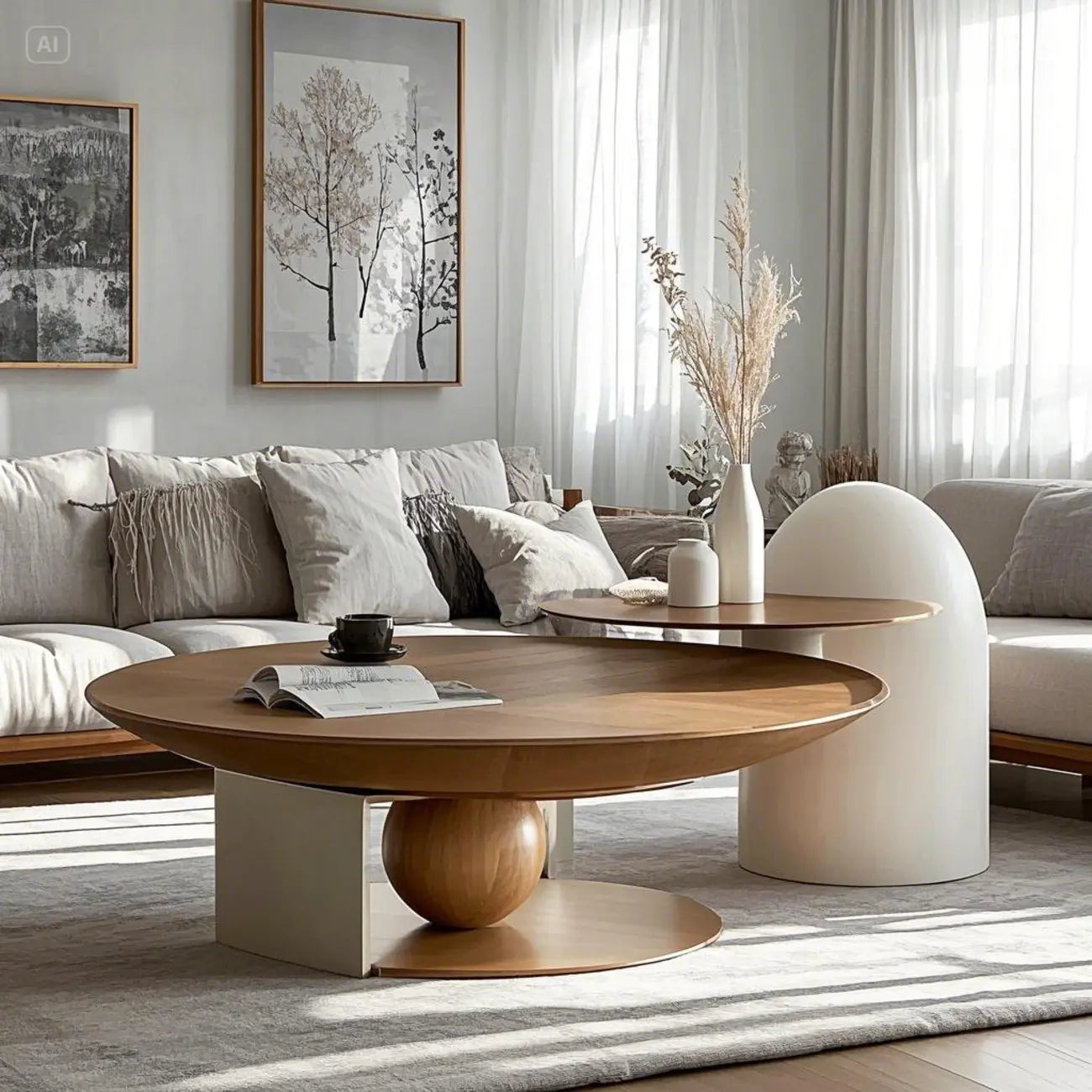 Table basse ronde en bois avec piètement en métal marron