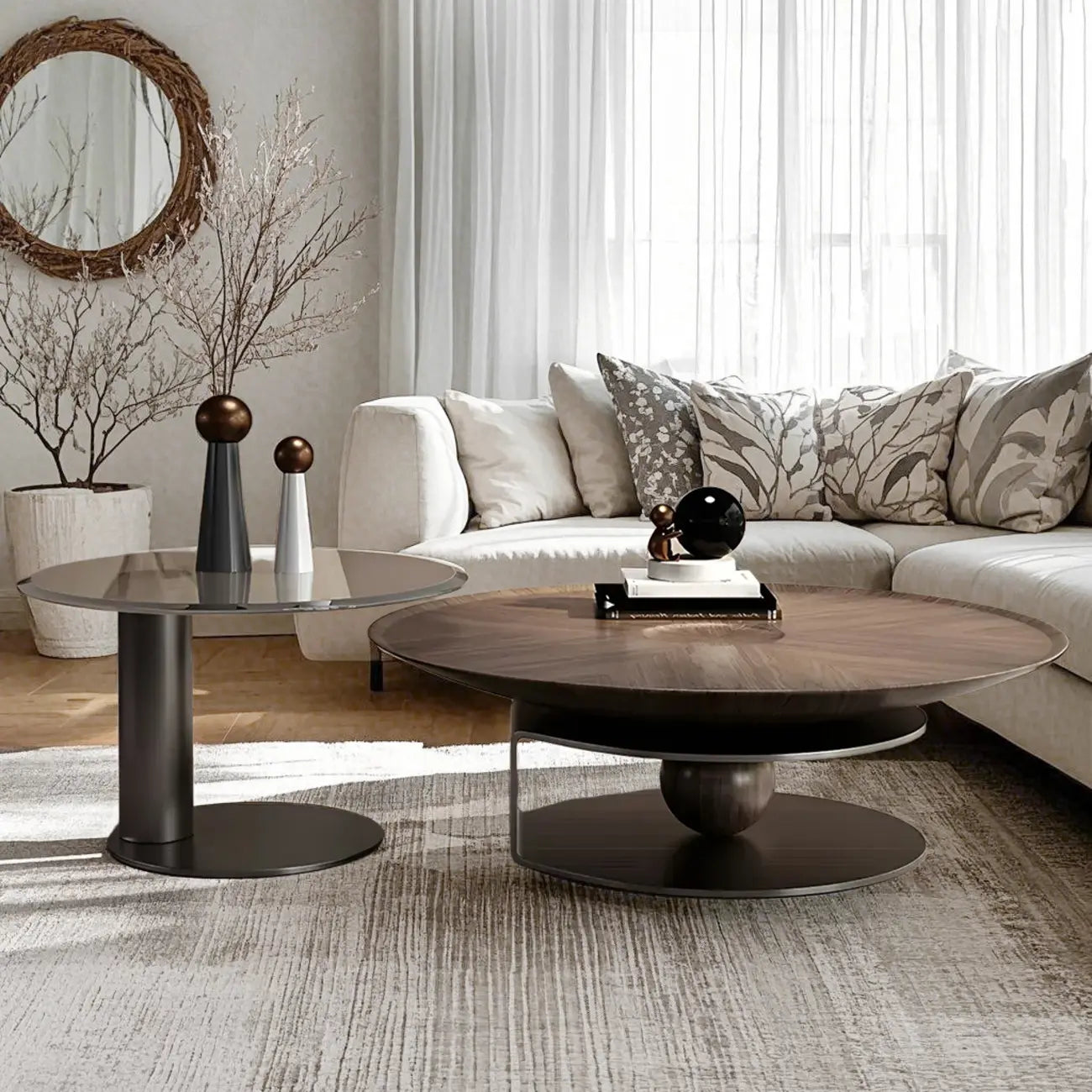 Table basse ronde en bois avec piètement en métal marron