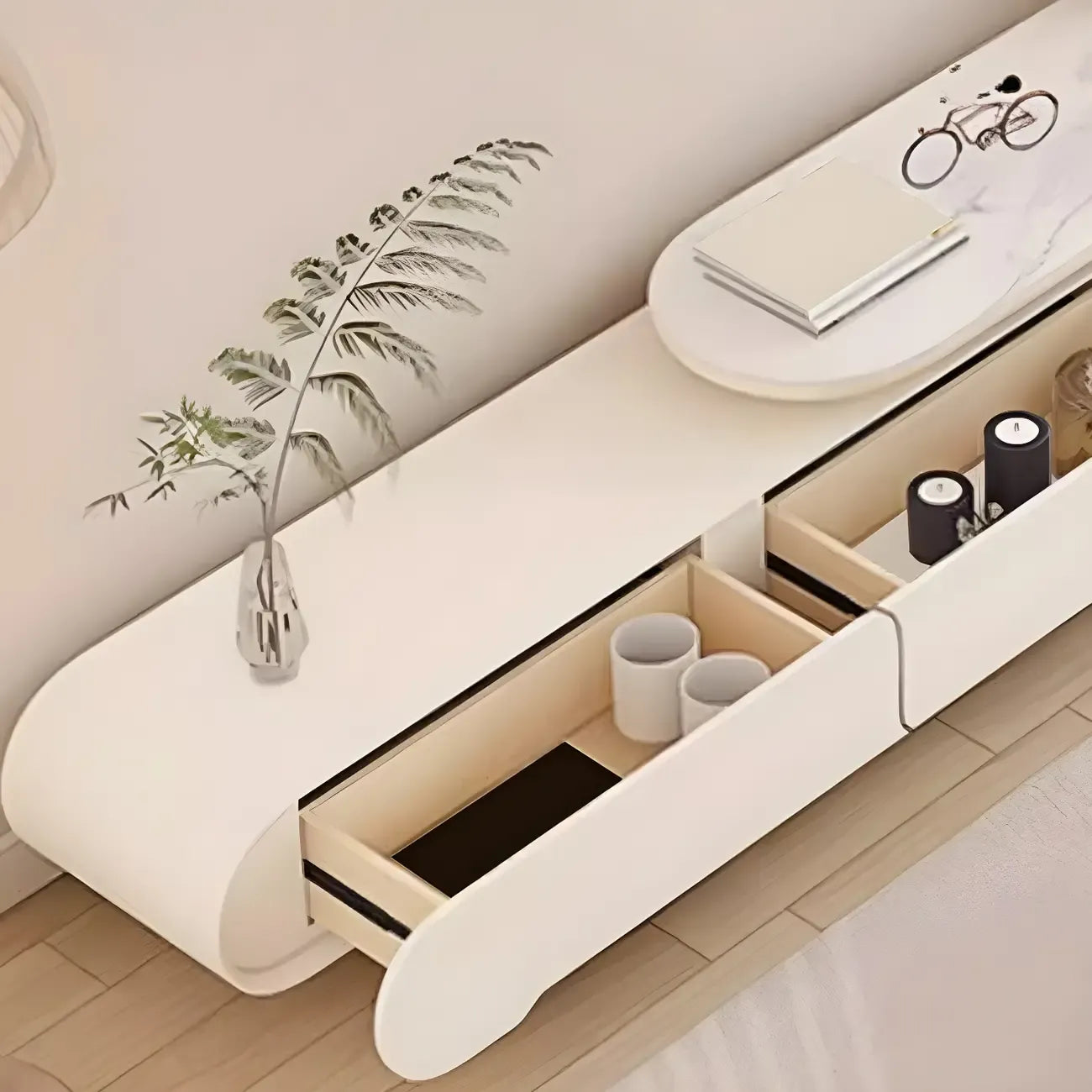 Meuble TV moderne blanc de 77 pouces en pierre, long et incurvé, avec rangement ouvert