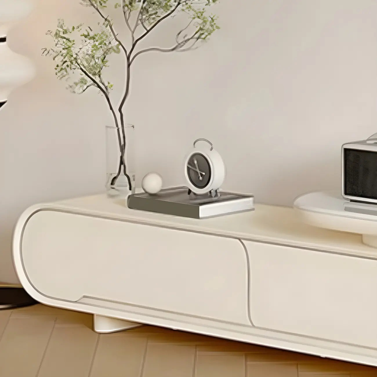 Meuble TV moderne blanc de 77 pouces en pierre, long et incurvé, avec rangement ouvert