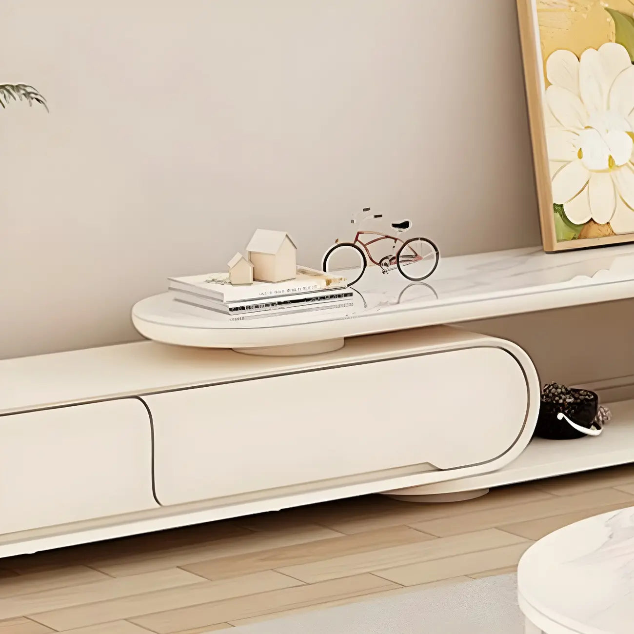 Meuble TV moderne blanc de 77 pouces en pierre, long et incurvé, avec rangement ouvert