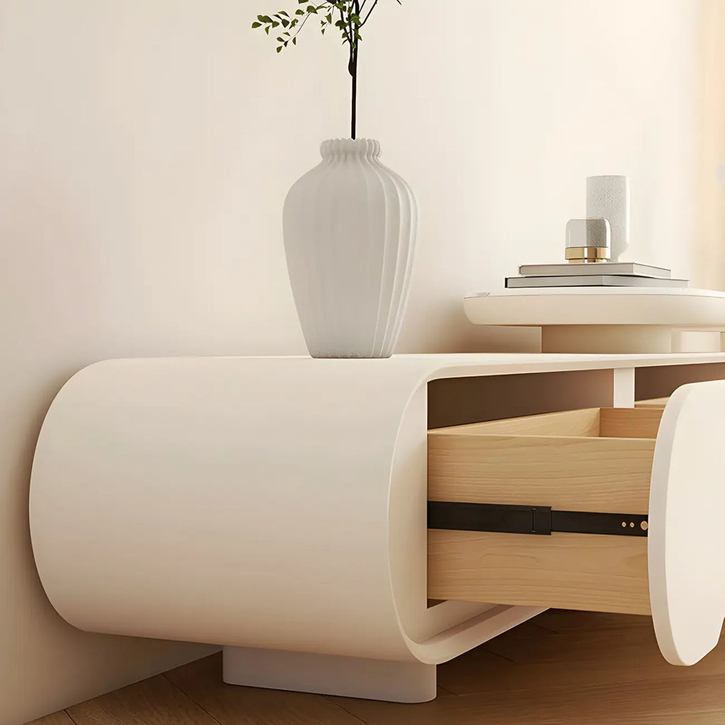 Meuble TV moderne blanc de 77 pouces en pierre, long et incurvé, avec rangement ouvert