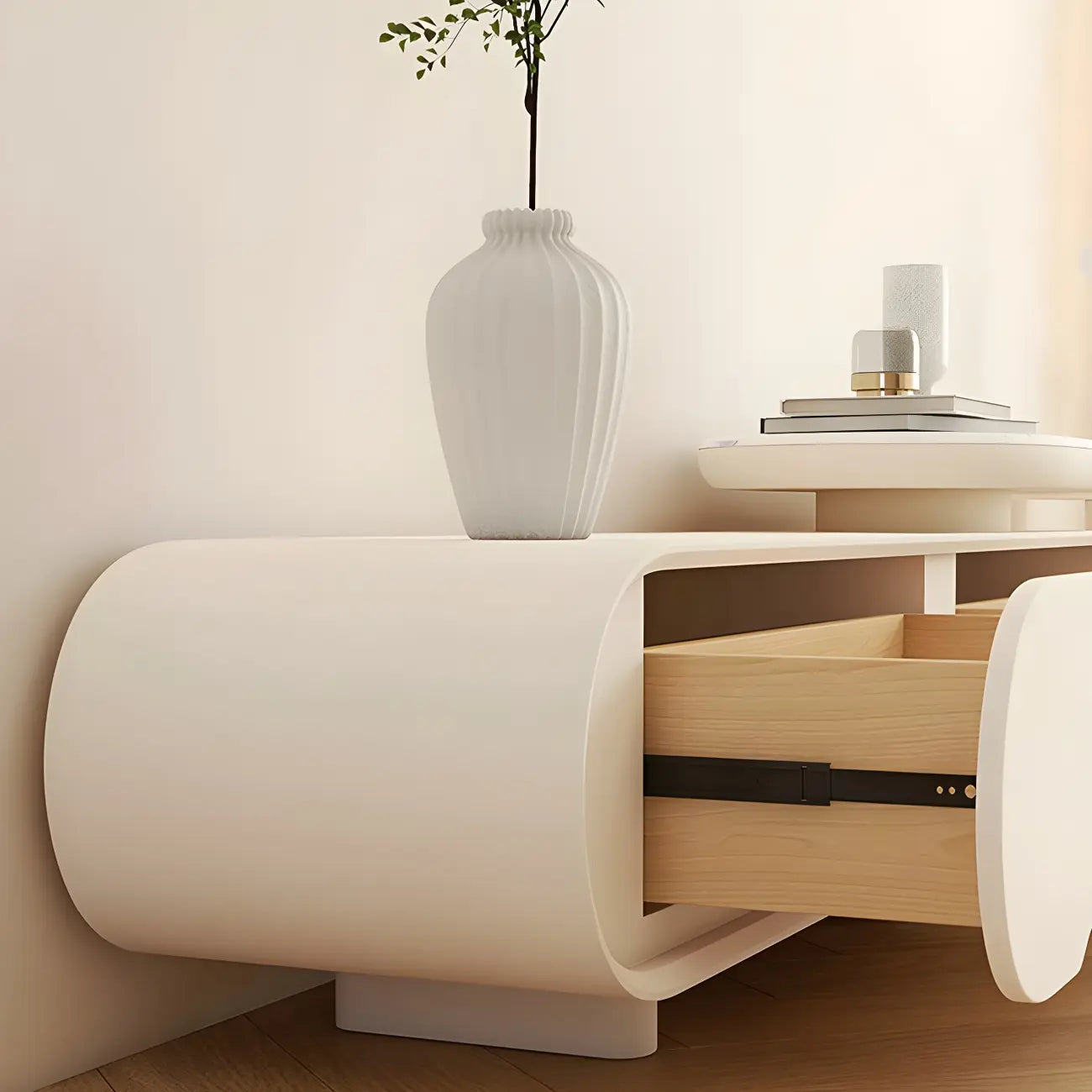 Meuble TV moderne blanc de 77 pouces en pierre, long et incurvé, avec rangement ouvert