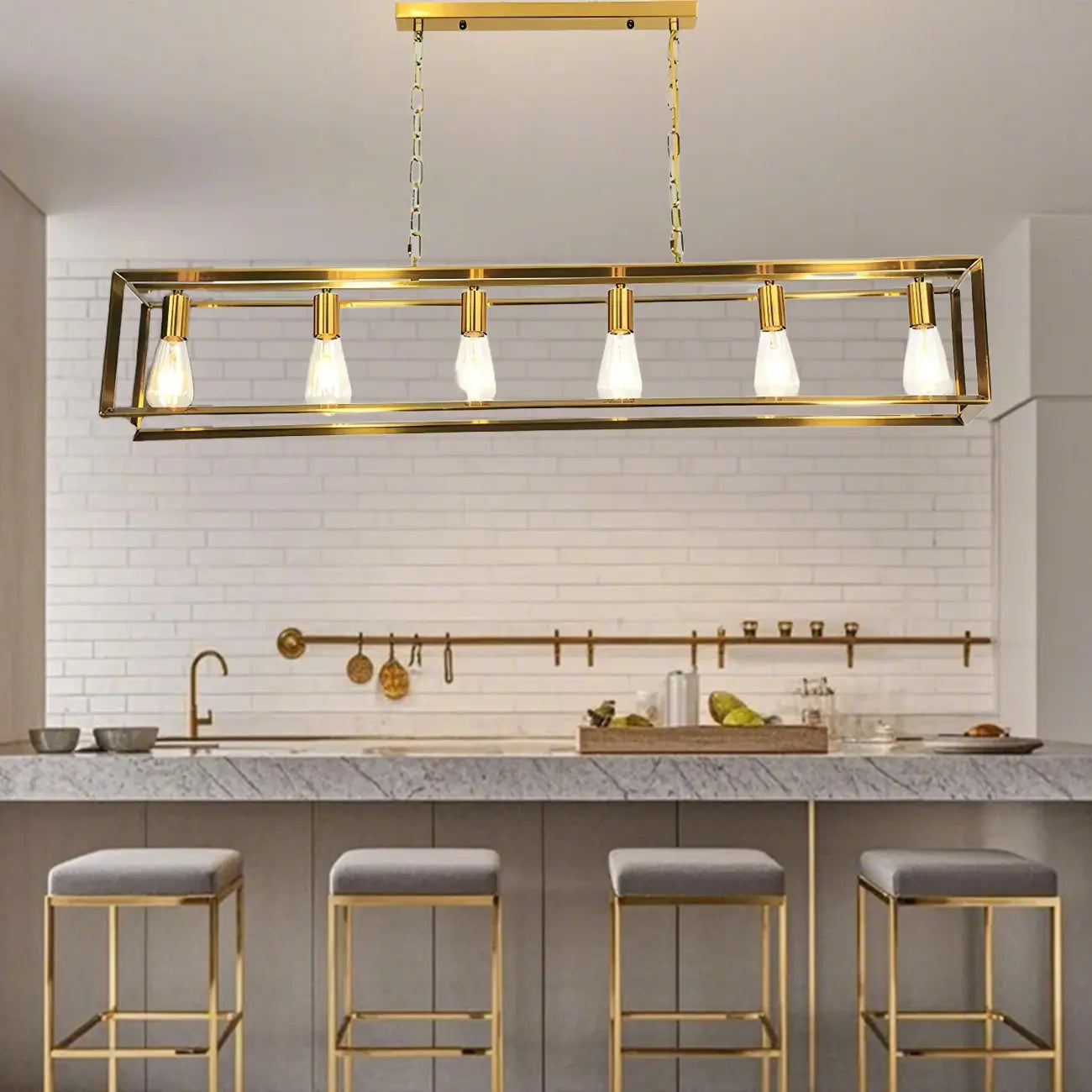 Suspension traditionnelle en laiton à 6 lumières pour îlot de cuisine