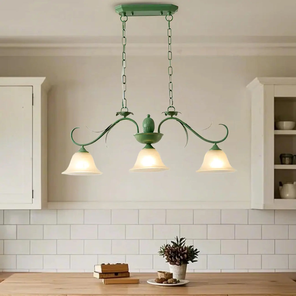 Suspension florale à 3 lumières en verre vert pour îlot de cuisine