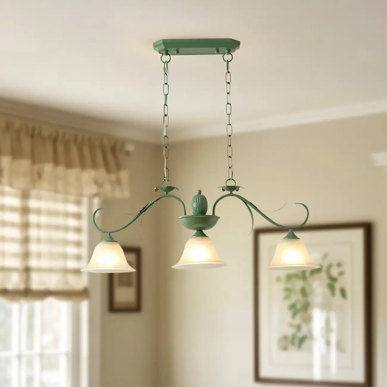 Suspension florale à 3 lumières en verre vert pour îlot de cuisine