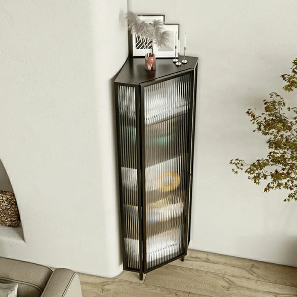 Meuble d'angle de rangement moderne en fer blanc et verre cannelé