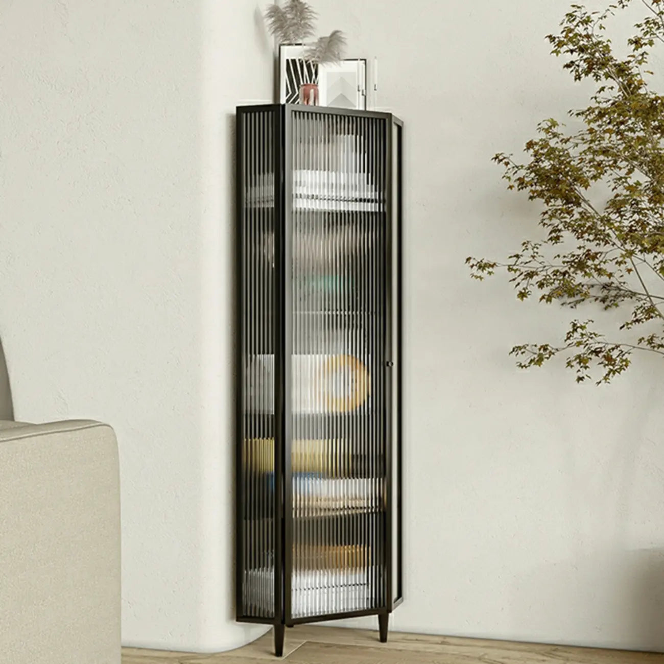 Meuble d'angle de rangement moderne en fer blanc et verre cannelé
