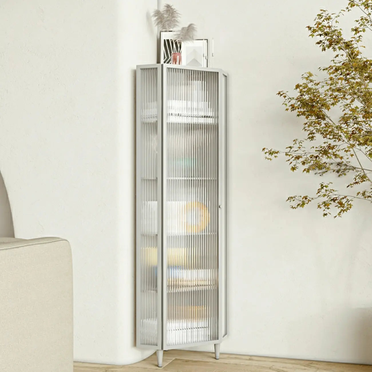 Meuble d'angle de rangement moderne en fer blanc et verre cannelé