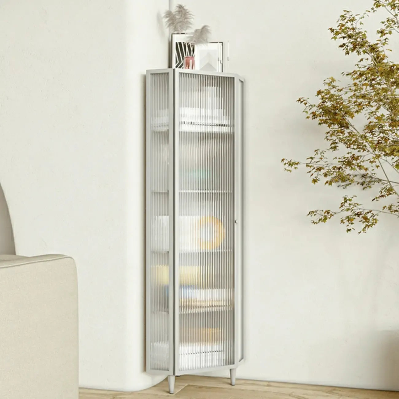 Meuble d'angle de rangement moderne en fer blanc et verre cannelé