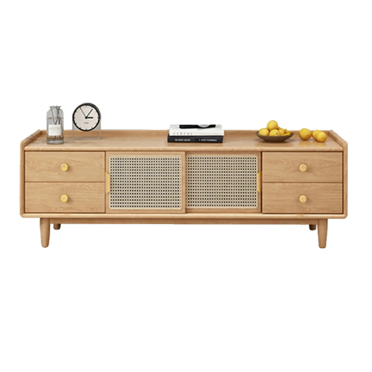 Meuble TV scandinave en bois naturel avec porte coulissante et rangement