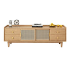 Meuble TV scandinave en bois naturel avec porte coulissante et rangement