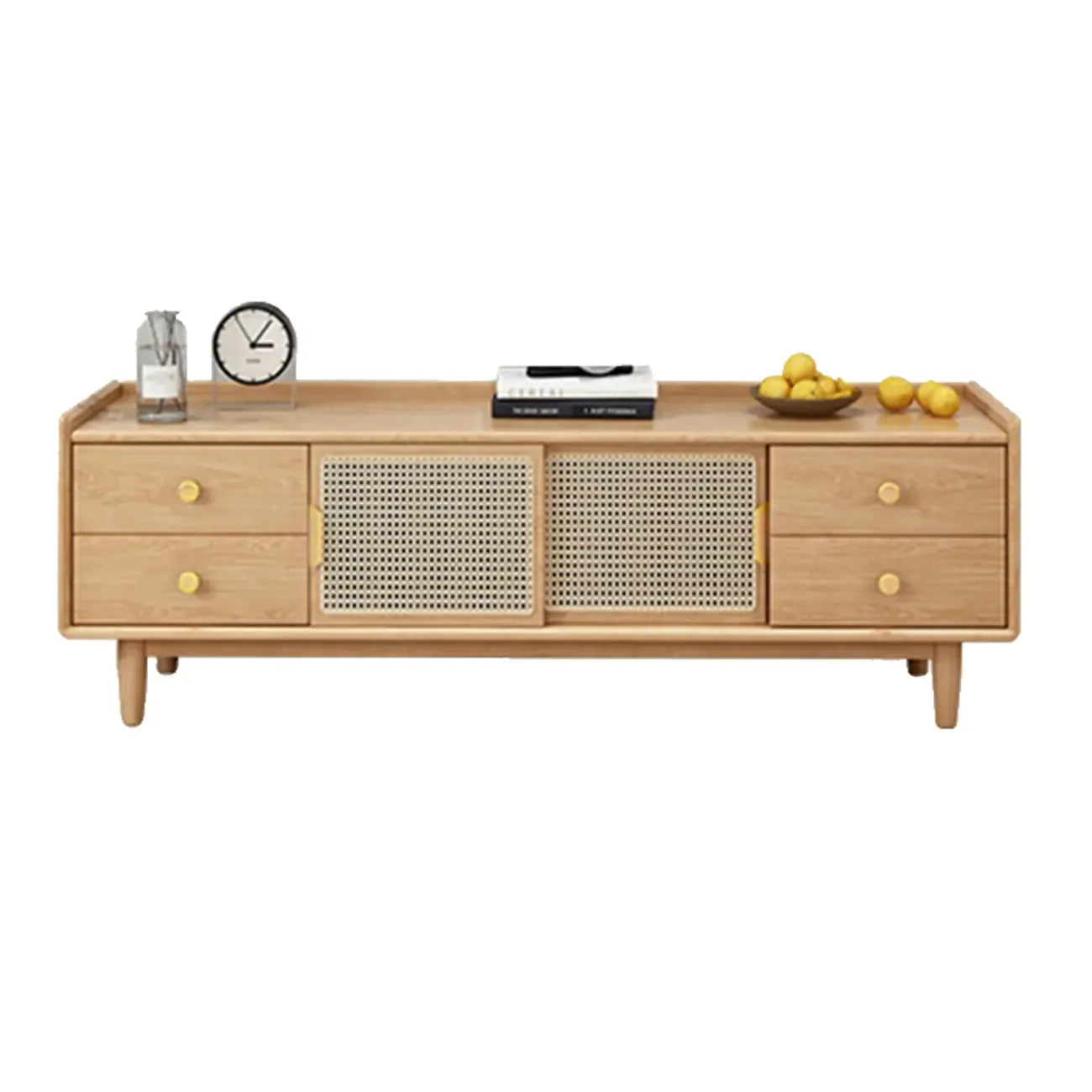 Meuble TV scandinave en bois naturel avec porte coulissante et rangement