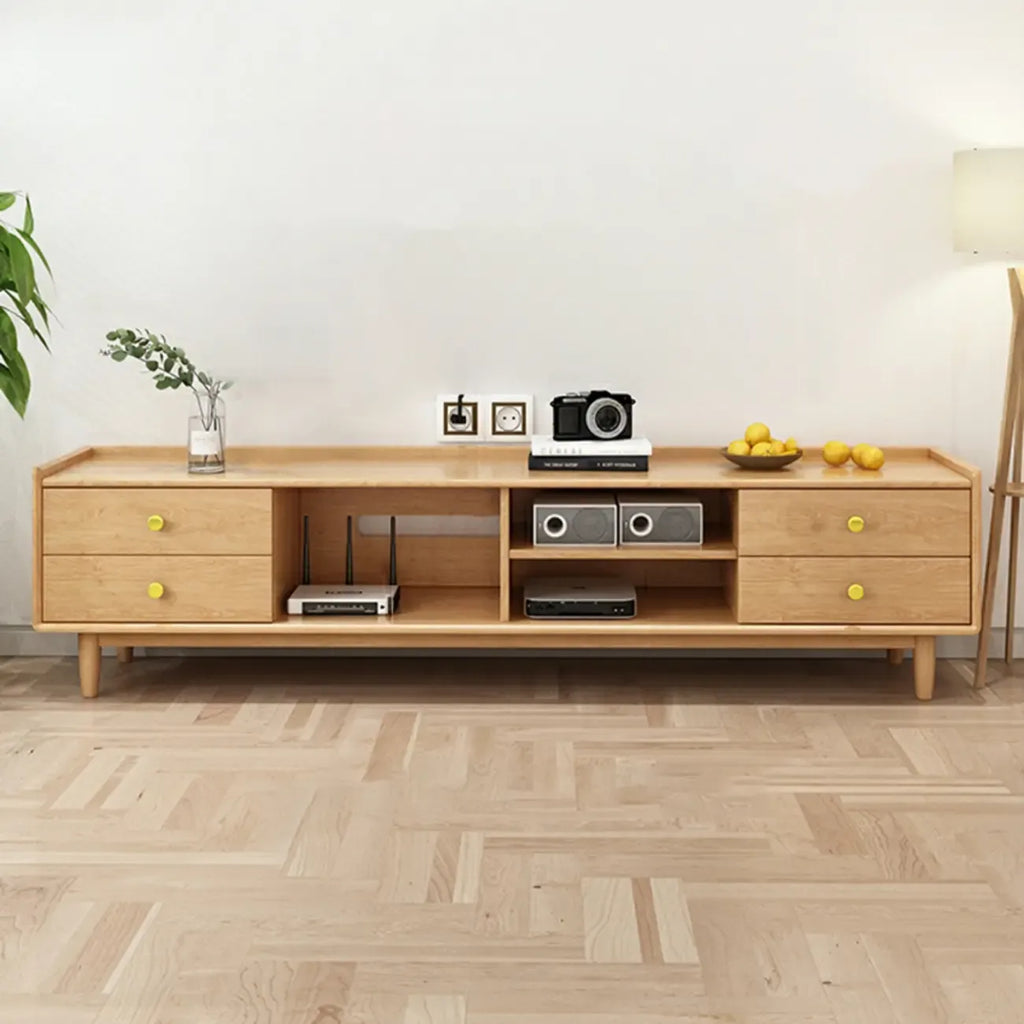Meuble TV scandinave en bois naturel avec porte coulissante et rangement