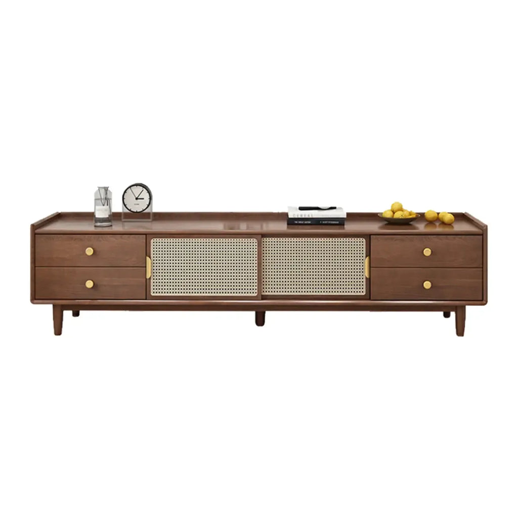 Meuble TV scandinave en bois naturel avec porte coulissante et rangement
