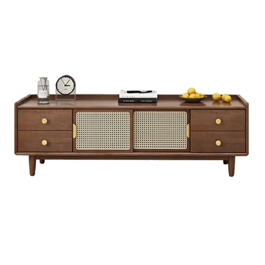 Meuble TV scandinave en bois naturel avec porte coulissante et rangement