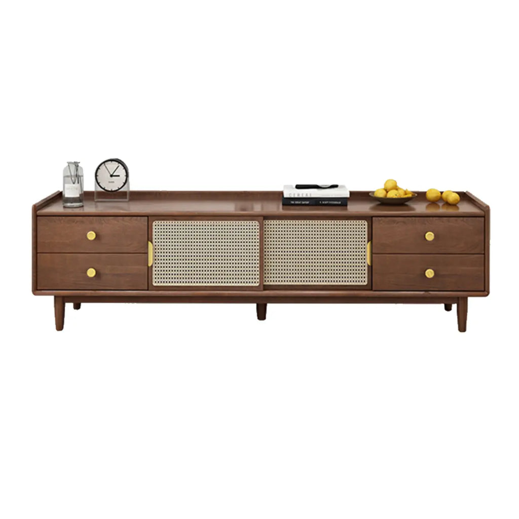 Meuble TV scandinave en bois naturel avec porte coulissante et rangement