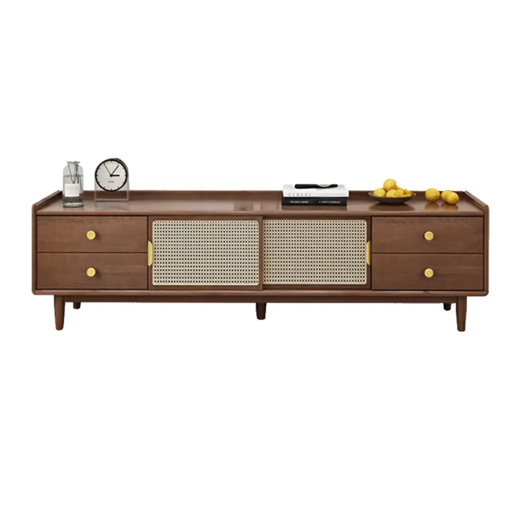 Meuble TV scandinave en bois naturel avec porte coulissante et rangement