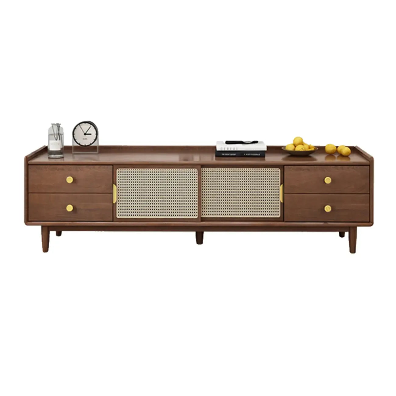 Meuble TV scandinave en bois naturel avec porte coulissante et rangement