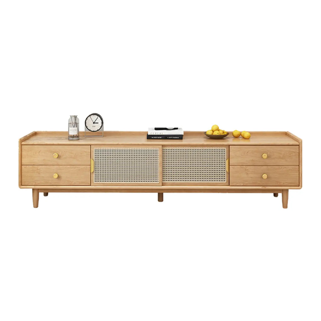 Meuble TV scandinave en bois naturel avec porte coulissante et rangement