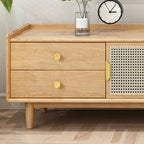 Meuble TV scandinave en bois naturel avec porte coulissante et rangement