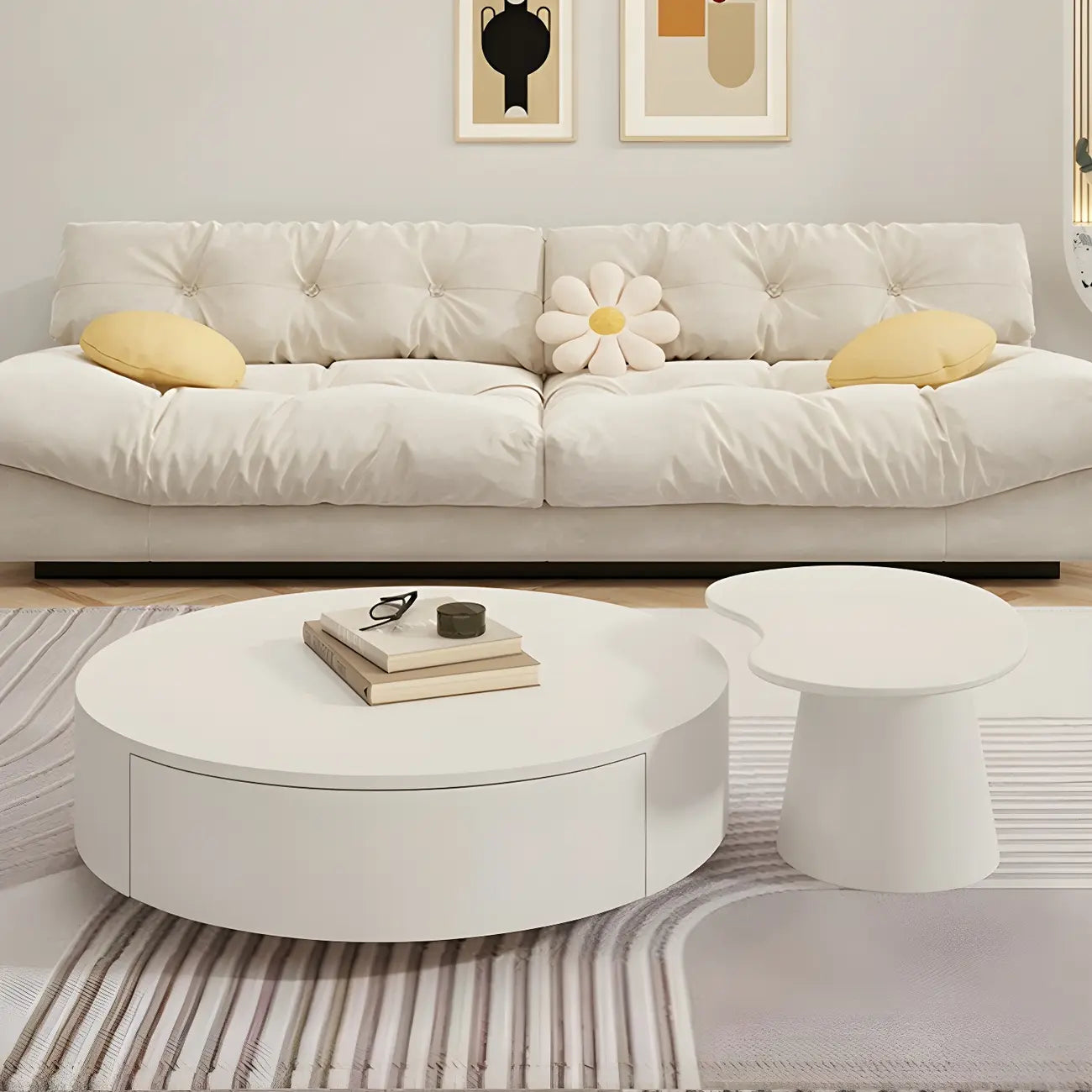 Table basse ronde moderne en bois blanc avec rangement