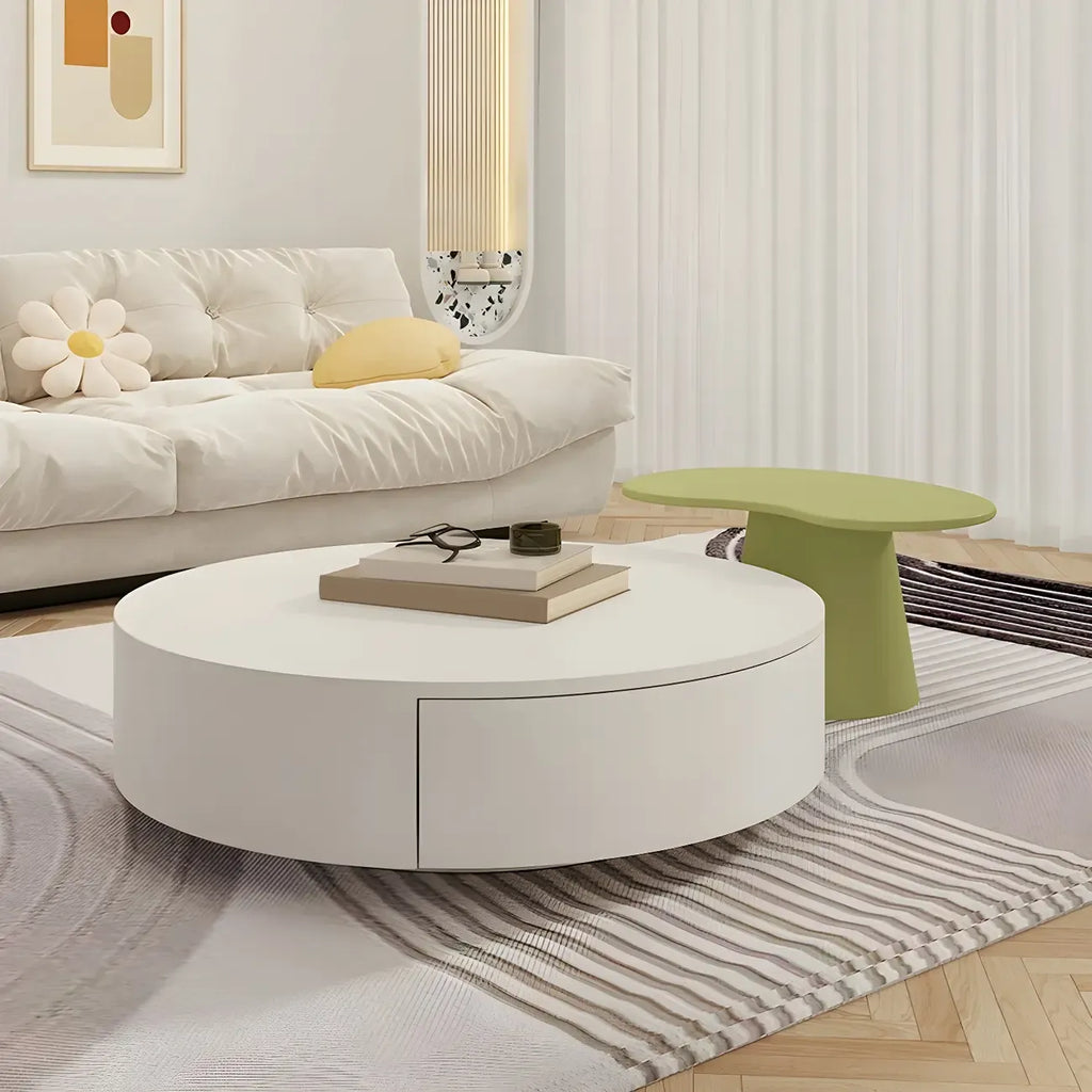 Table basse ronde moderne en bois blanc avec rangement