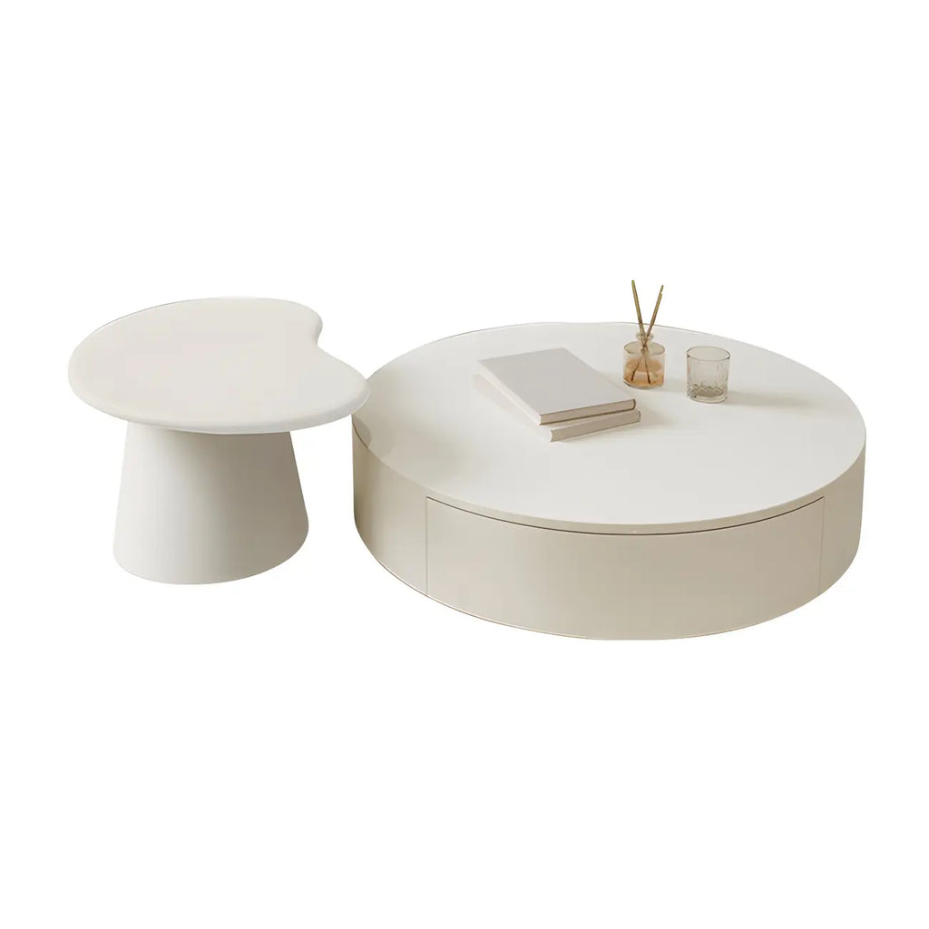 Table basse ronde moderne en bois blanc avec rangement