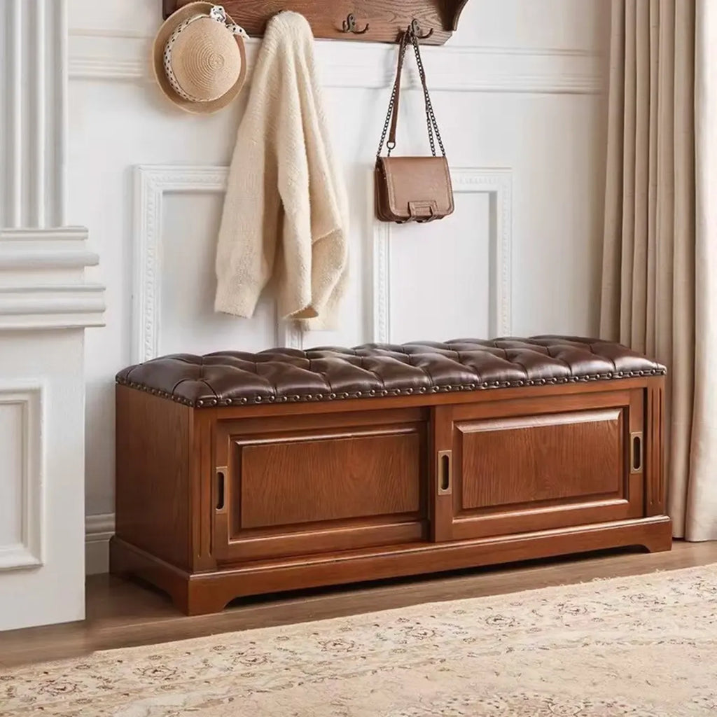 Banc de rangement à chaussures rétro en bois rembourré avec portes coulissantes
