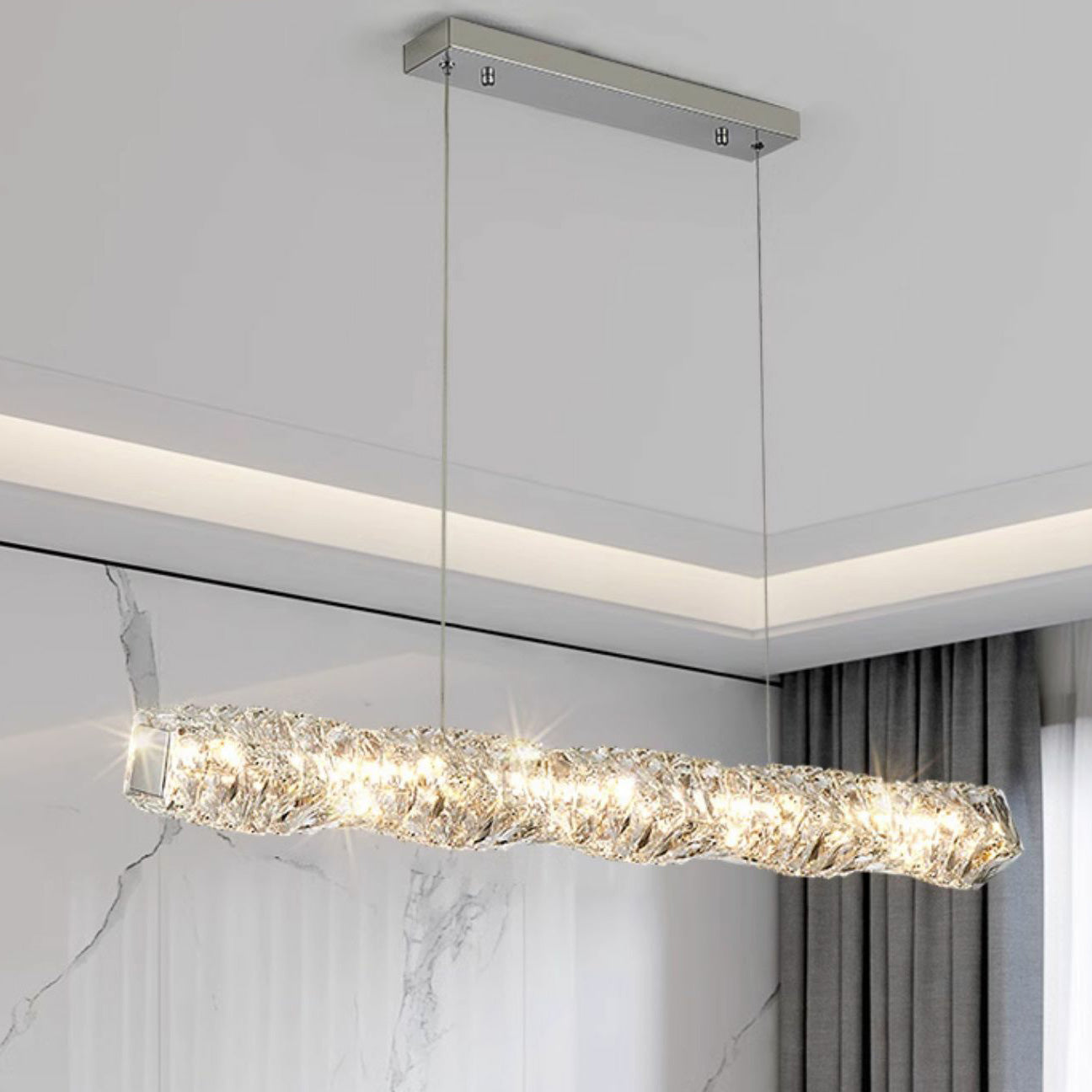 Suspension LED à intensité variable en cristal torsadé pour îlot de cuisine