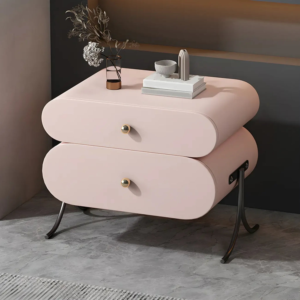 Table de chevet contemporaine arrondie à 2 tiroirs en bois et similicuir