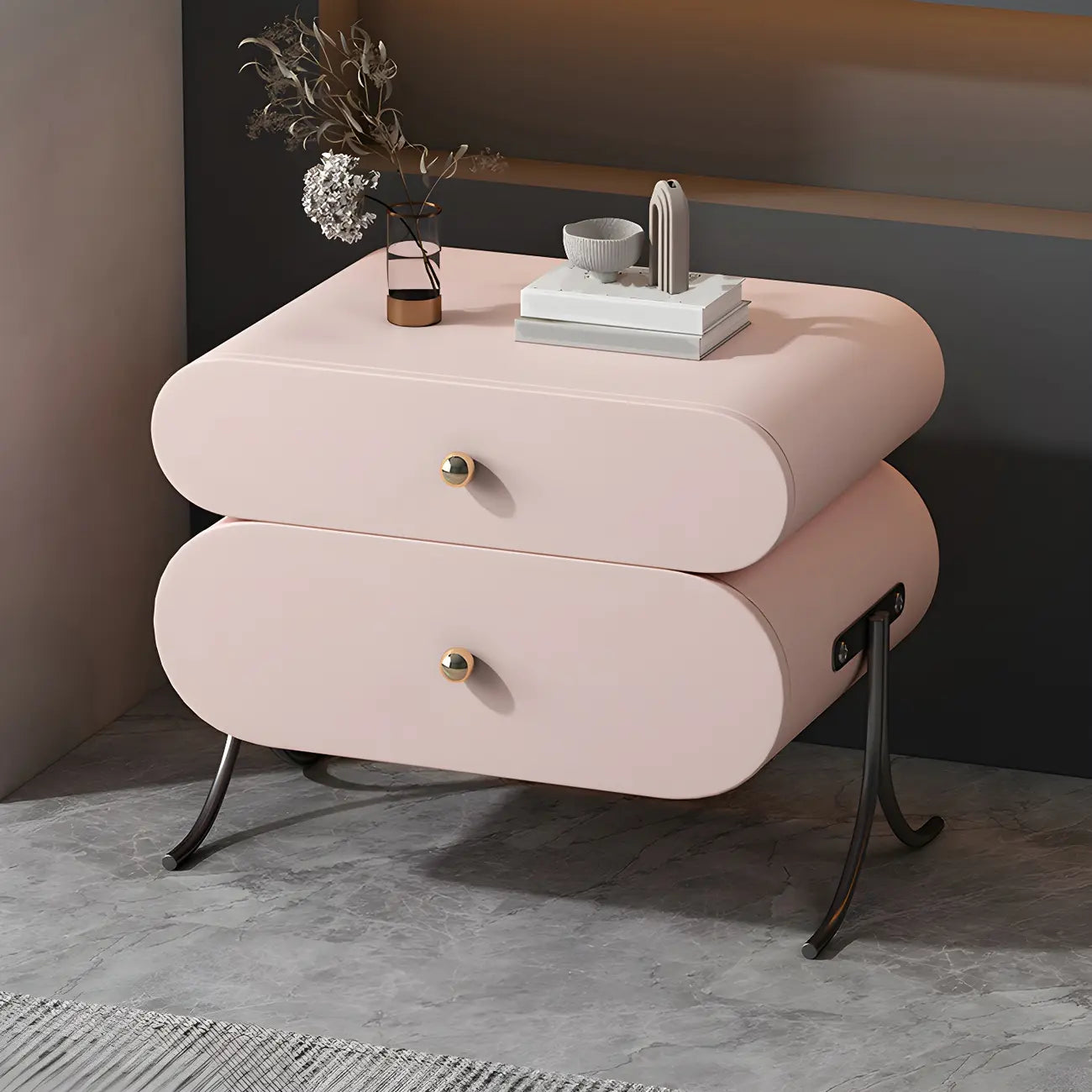 Table de chevet contemporaine arrondie à 2 tiroirs en bois et similicuir