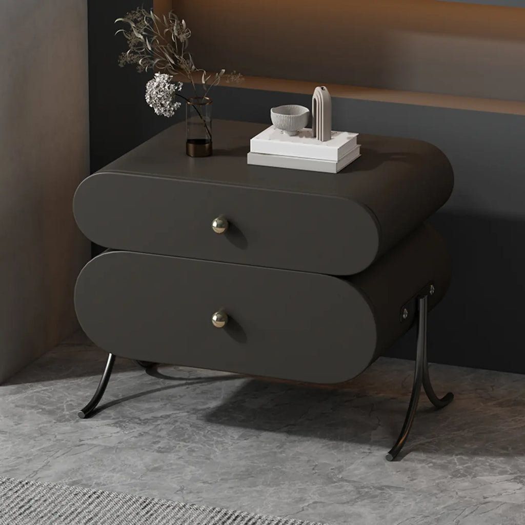 Table de chevet contemporaine arrondie à 2 tiroirs en bois et similicuir