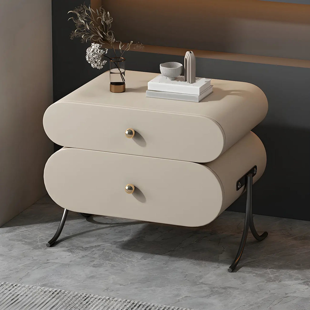Table de chevet contemporaine arrondie à 2 tiroirs en bois et similicuir