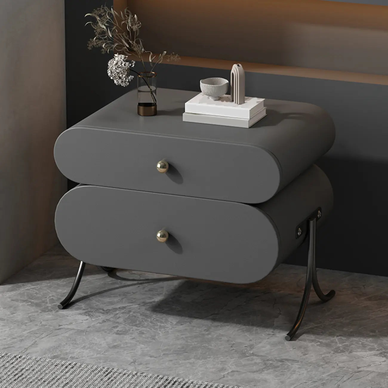 Table de chevet contemporaine arrondie à 2 tiroirs en bois et similicuir