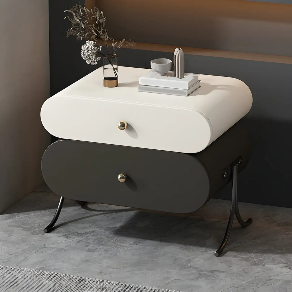 Table de chevet contemporaine arrondie à 2 tiroirs en bois et similicuir