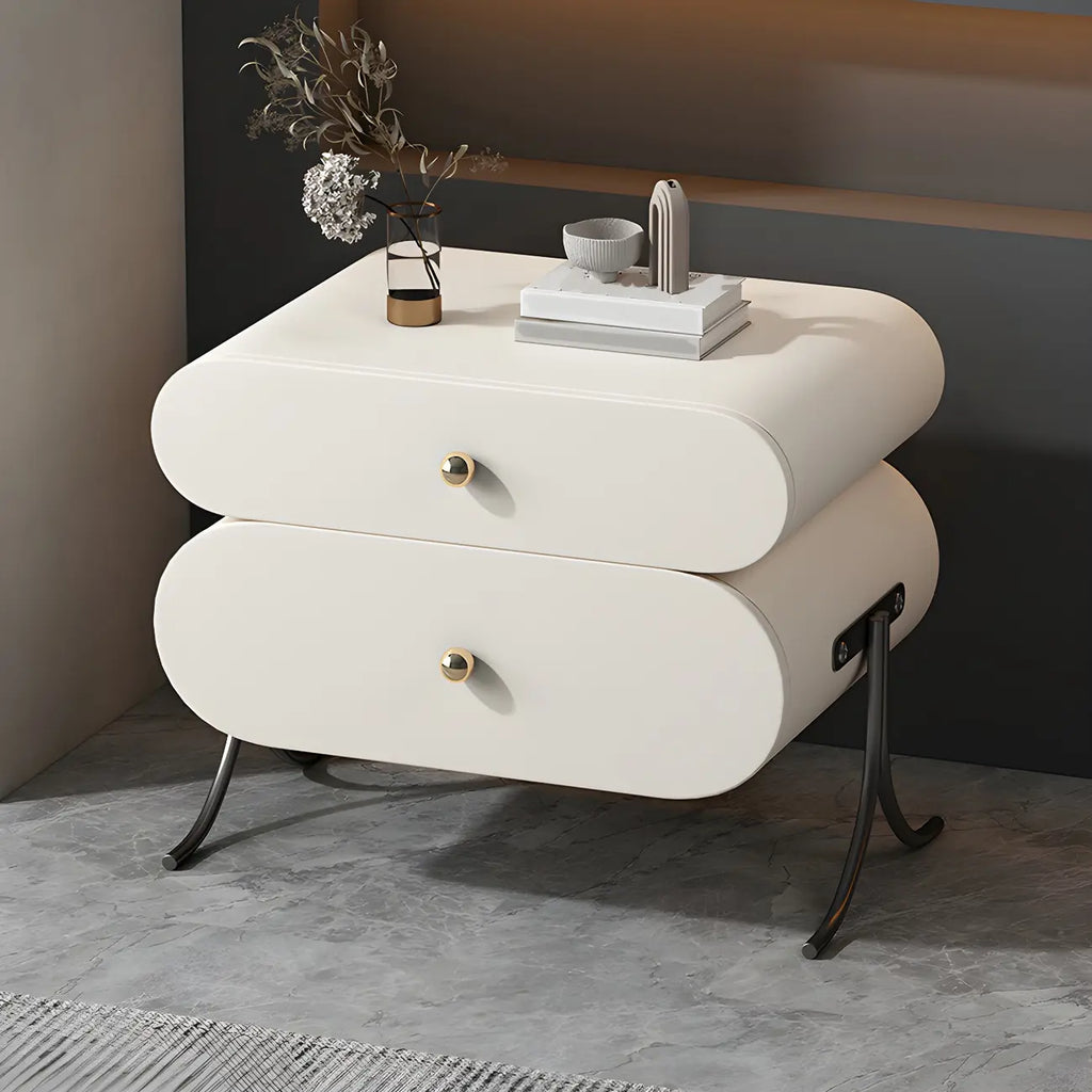 Table de chevet contemporaine arrondie à 2 tiroirs en bois et similicuir