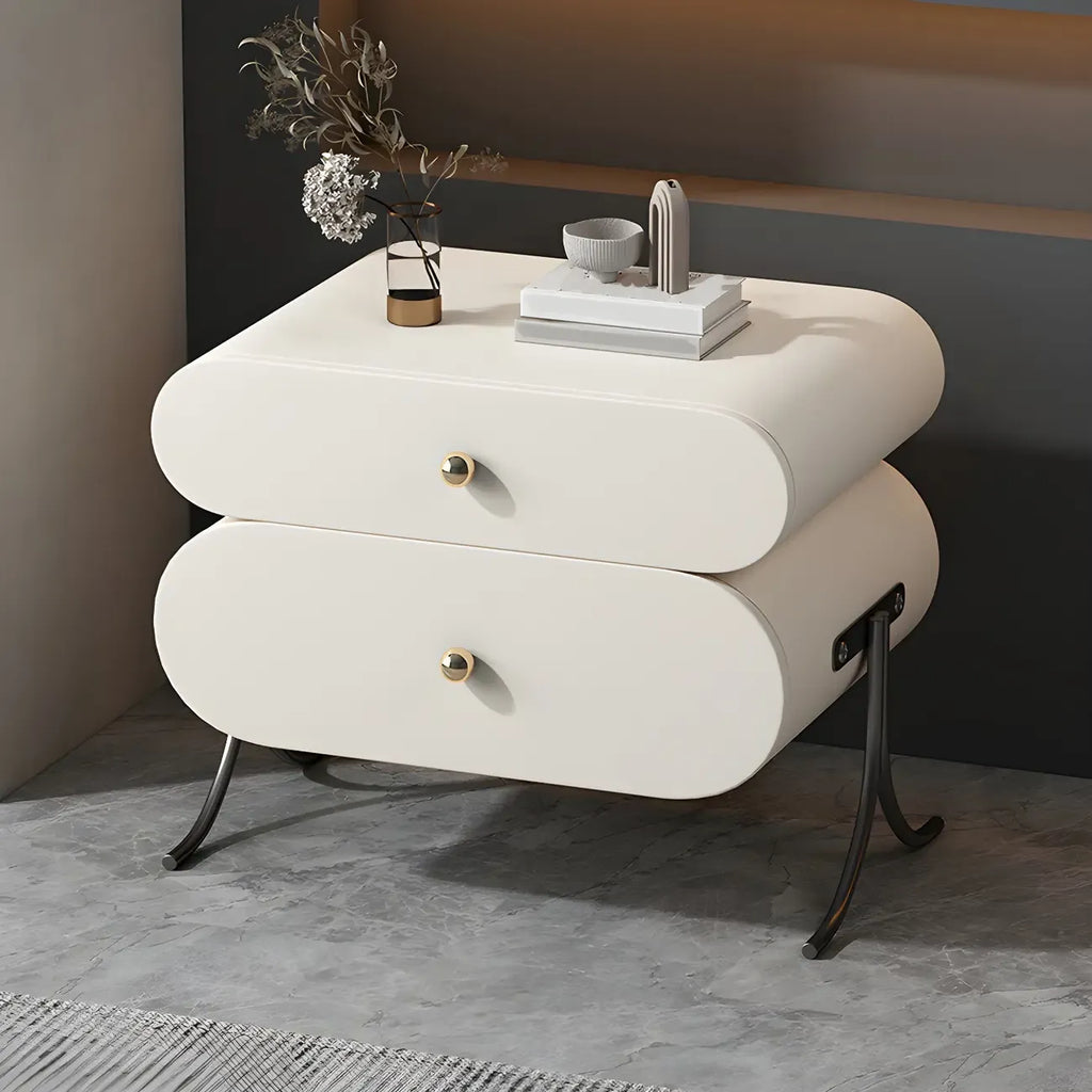 Table de chevet contemporaine arrondie à 2 tiroirs en bois et similicuir
