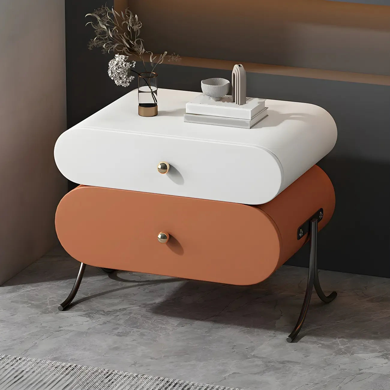 Table de chevet contemporaine arrondie à 2 tiroirs en bois et similicuir