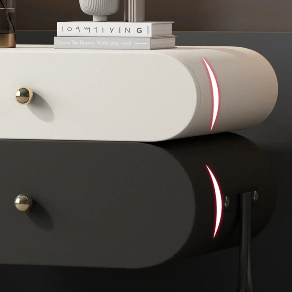 Table de chevet contemporaine arrondie à 2 tiroirs en bois et similicuir
