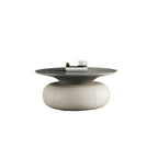 Table basse ronde moderne en bois beige gris avec rangement