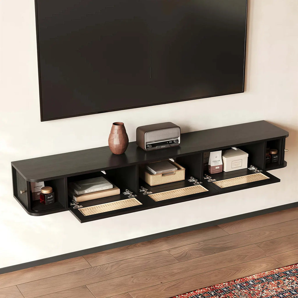 Meuble TV suspendu style Mid-Century avec portes en rotin noir à 3 tiroirs