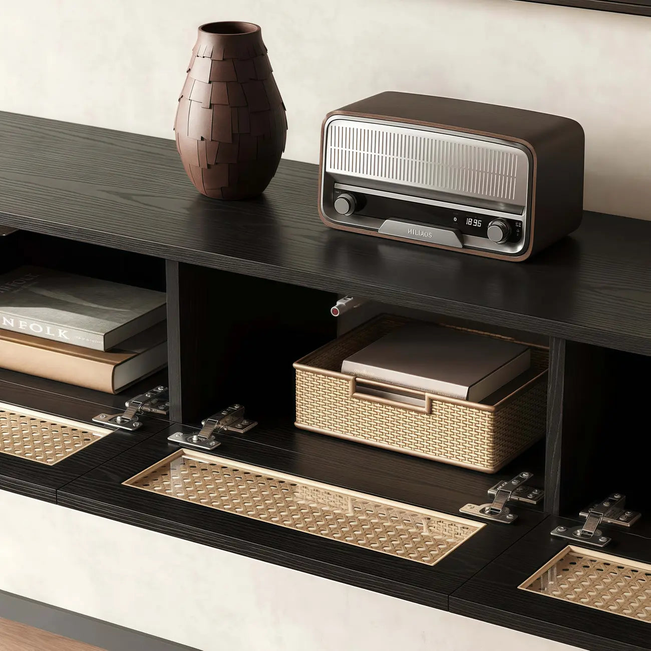 Meuble TV suspendu style Mid-Century avec portes en rotin noir à 3 tiroirs