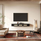 Meuble TV suspendu style Mid-Century avec portes en rotin noir à 3 tiroirs