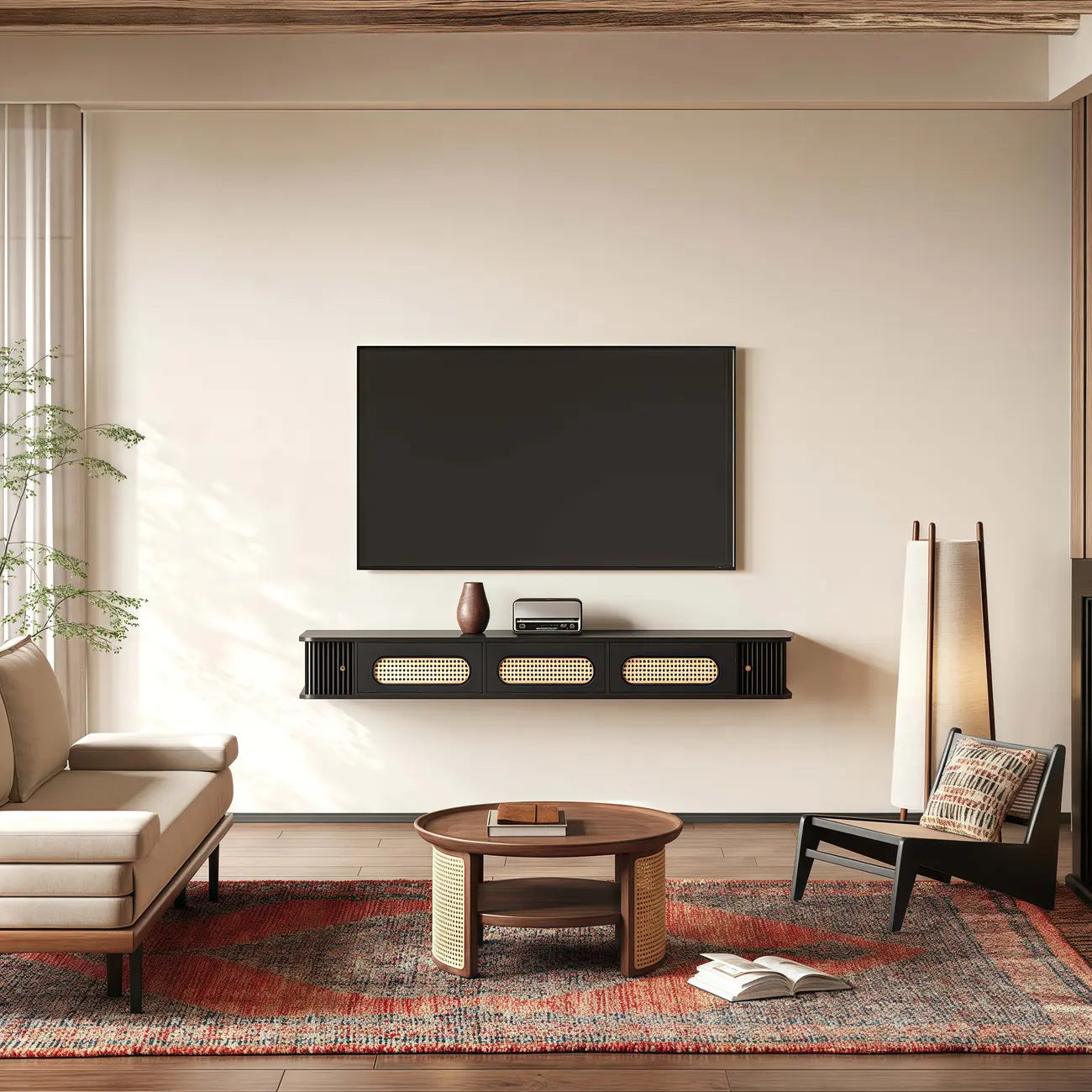 Meuble TV suspendu style Mid-Century avec portes en rotin noir à 3 tiroirs