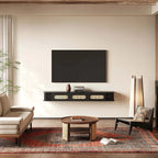 Meuble TV suspendu style Mid-Century avec portes en rotin noir à 3 tiroirs